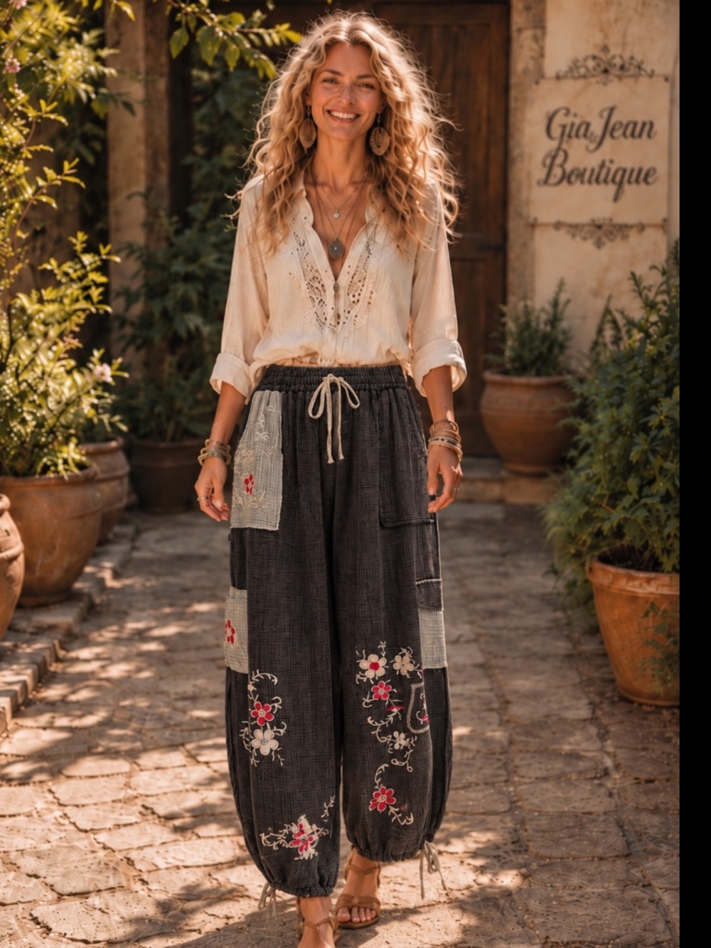 ❤️ BLUE VELVE “ TIA “ BLUE VELVET Gauze JOGGER Pants with Embroidered Detail